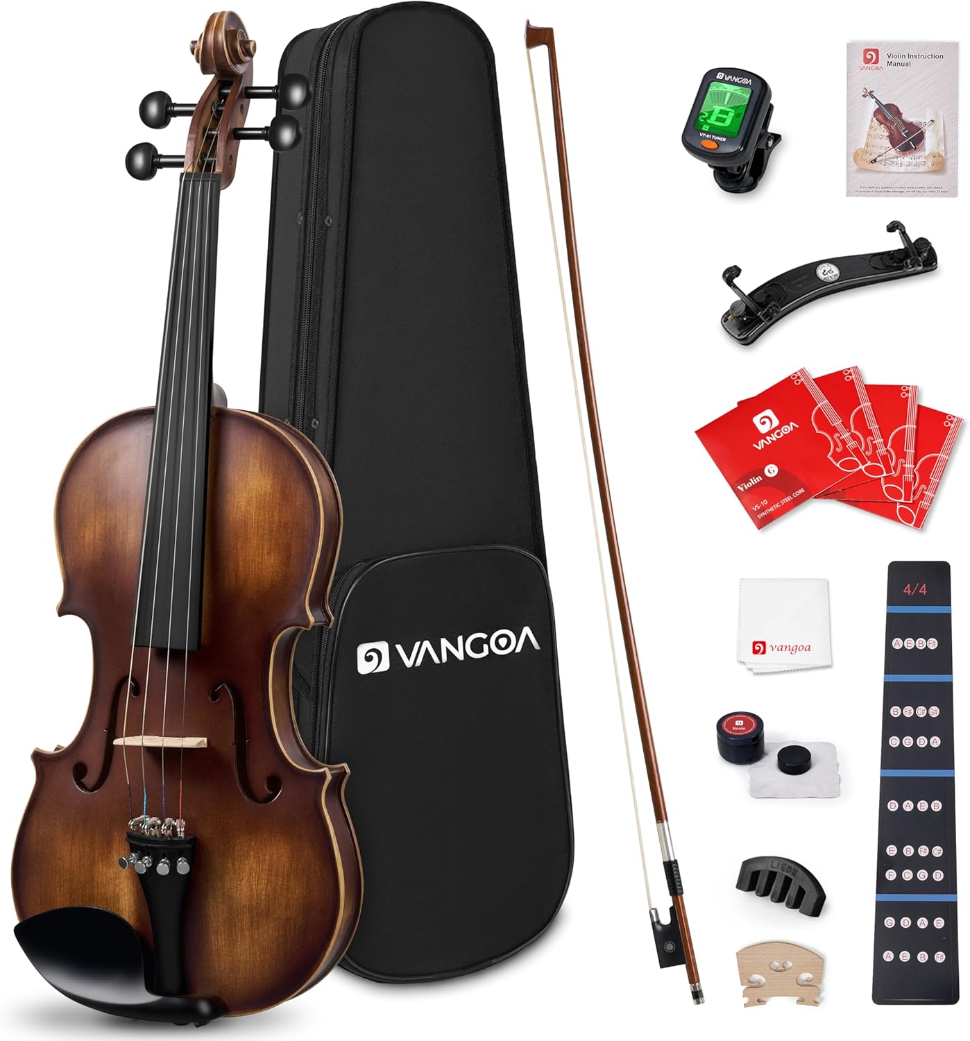 Violon 4/4 en bois massif Vangoa, ensemble complet, vernis fait main, violon acoustique quatre par quatre, fabriqué à la main, avec étui rigide léger pour débutants, adolescents, adultes et droitiers 