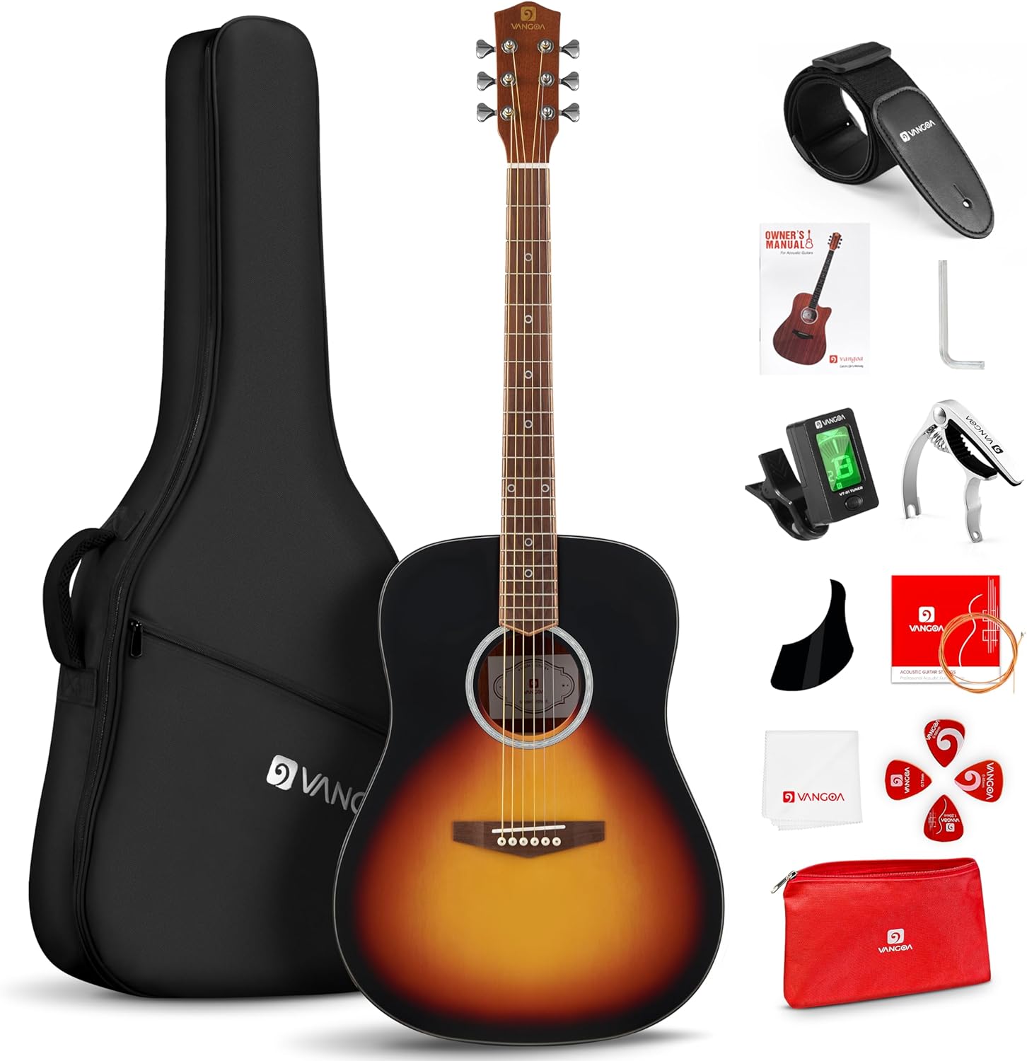 Vangoa Dreadnought Acoustic Guitar Kit for Beginner Adult, 41 Inch Right-handed Starter Guitars 6 String Full Size Set, Walnut Fingerboard, Hard Case, Tuner, Strap, Picks, Capo, Extra Strings, Yellow