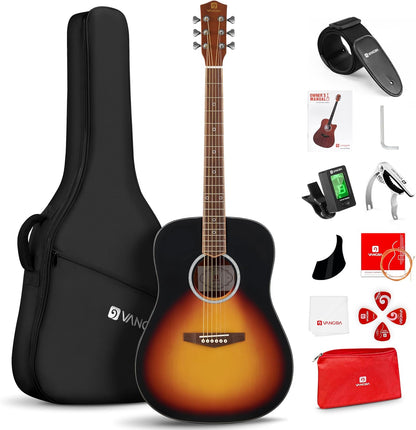 Vangoa Dreadnought Acoustic Guitar Kit for Beginner Adult, 41 Inch Right-handed Starter Guitars 6 String Full Size Set, Walnut Fingerboard, Hard Case, Tuner, Strap, Picks, Capo, Extra Strings, Yellow
