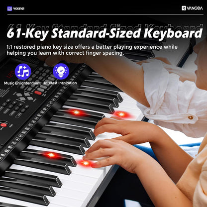 Vangoa VGK6101 Piano à clavier noir 61 touches, piano électrique avec 3 modes d'apprentissage, clavier musical éclairé avec microphone sur pied pour débutants et étudiants 