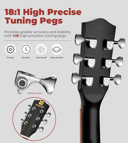 Vangoa 3/4 Electric Acoustic Guitar Kit for Beginners, 36 Inch Cutaway Acoustic Guitar Built-in Pickups, with Bag, Tuner, Strap, Capo, Picks, Spruce Top, Upgraded Starter Kit, Black Matte