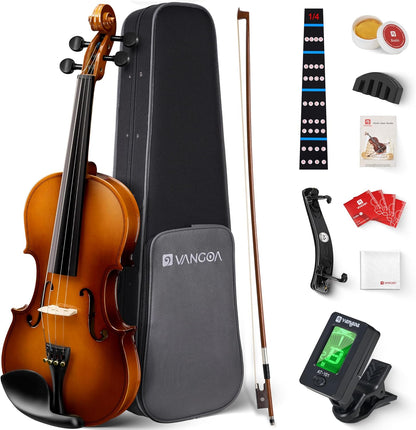 Vangoa Violinen-Set in 1/4-Größe, Geigen-Outfit, handgefertigtes Viertel-Starter-Akustikgeigen-Set mit Seitenbrett aus Massivholz, leichter Hartschalenkoffer für Anfänger, Studenten, Kinder, Erwachsene, Rechtshänder 