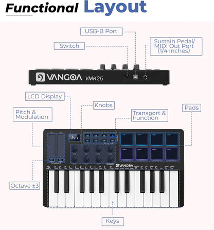 Vangoa 25 Keys Midi Keyboard Controller, Mini Portable Beat Maker Machine with Backlit Drum Pads, 8 Knoks, 8 RGB Beating Pad for Music Production, Velocity Sensitive, LED Display, Arpeggiator, Black