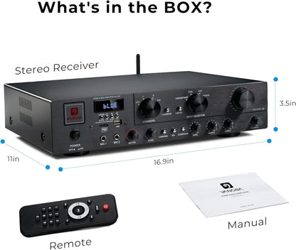 Vangoa Stereo Audio Amplifier Receiver, Wireless 5.1 Channel Sound Audio Stereo Receiver 800W Max Power Amplifier System with USB TF FM 2 Microphone Input Speaker Amplifier for Home Theater, Studio