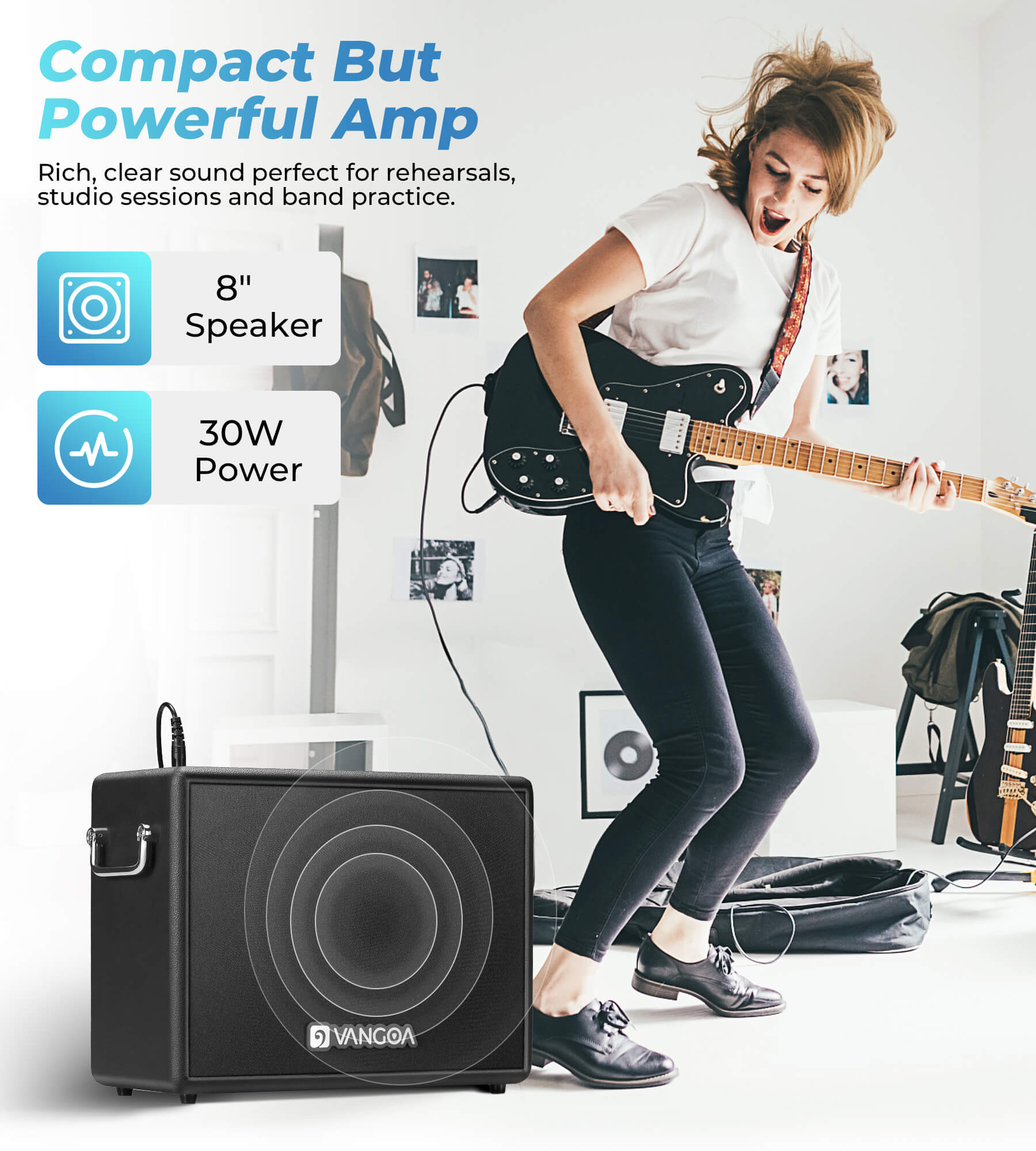 Vangoa MBS-30 30W Bass Guitar Amplifier, Portable Electric Bass Combo Amp 8 Inch Speaker for Bass Practice Amp Indoor Outdoor with Overdrive Circuit and Mid-Scoop Contour Switch