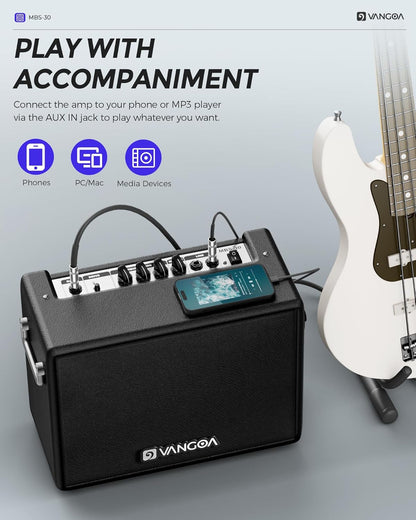 Vangoa MBS-30 30W Bass Guitar Amplifier, Portable Electric Bass Combo Amp 8 Inch Speaker for Bass Practice Amp Indoor Outdoor with Overdrive Circuit and Mid-Scoop Contour Switch