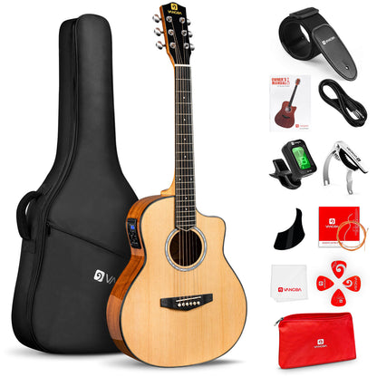 Vangoa VJ100E Electric Acoustic Guitar 3/4 Size - 36 Inch Acoustic Electric Guitar Cutaway Acustica Guitarra Bundle for Beginners and Students, Spruce Top, Guitarra Electro Acustica