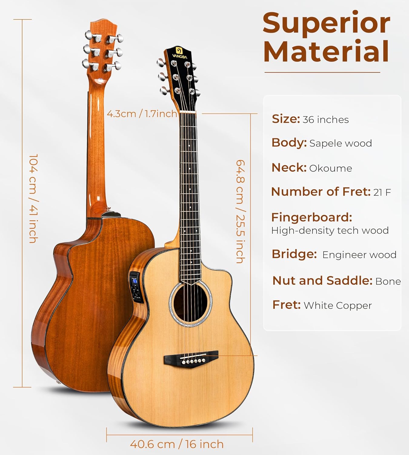 Vangoa VJ100E Electric Acoustic Guitar 3/4 Size - 36 Inch Acoustic Electric Guitar Cutaway Acustica Guitarra Bundle for Beginners and Students, Spruce Top, Guitarra Electro Acustica