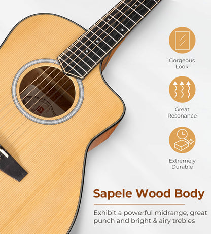 Vangoa VJ100E Electric Acoustic Guitar 3/4 Size - 36 Inch Acoustic Electric Guitar Cutaway Acustica Guitarra Bundle for Beginners and Students, Spruce Top, Guitarra Electro Acustica