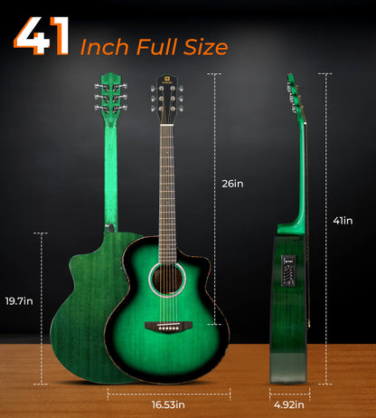 Vangoa Acoustic Electric Guitar Kit, 41 In Jumbo Cutaway Electric Guitars, 4/4 Full-size Acustica-Electrica Guitarra, Starter Bundle, Built-in EQ, For Beginner Adult Teen, Right-Hand Satin Green Burst