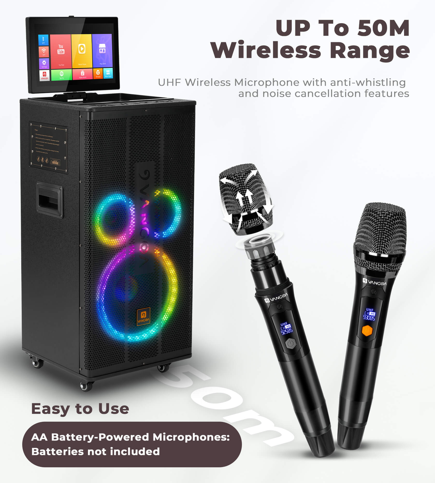 Vangoa Professional Karaoke Machine with Lyrics Display Screen for Adults, Portable Bluetooth Karaoke PA Speaker System with 2 UHF Wireless Microphones Built in 14.1" Touch Tablet & WiFi