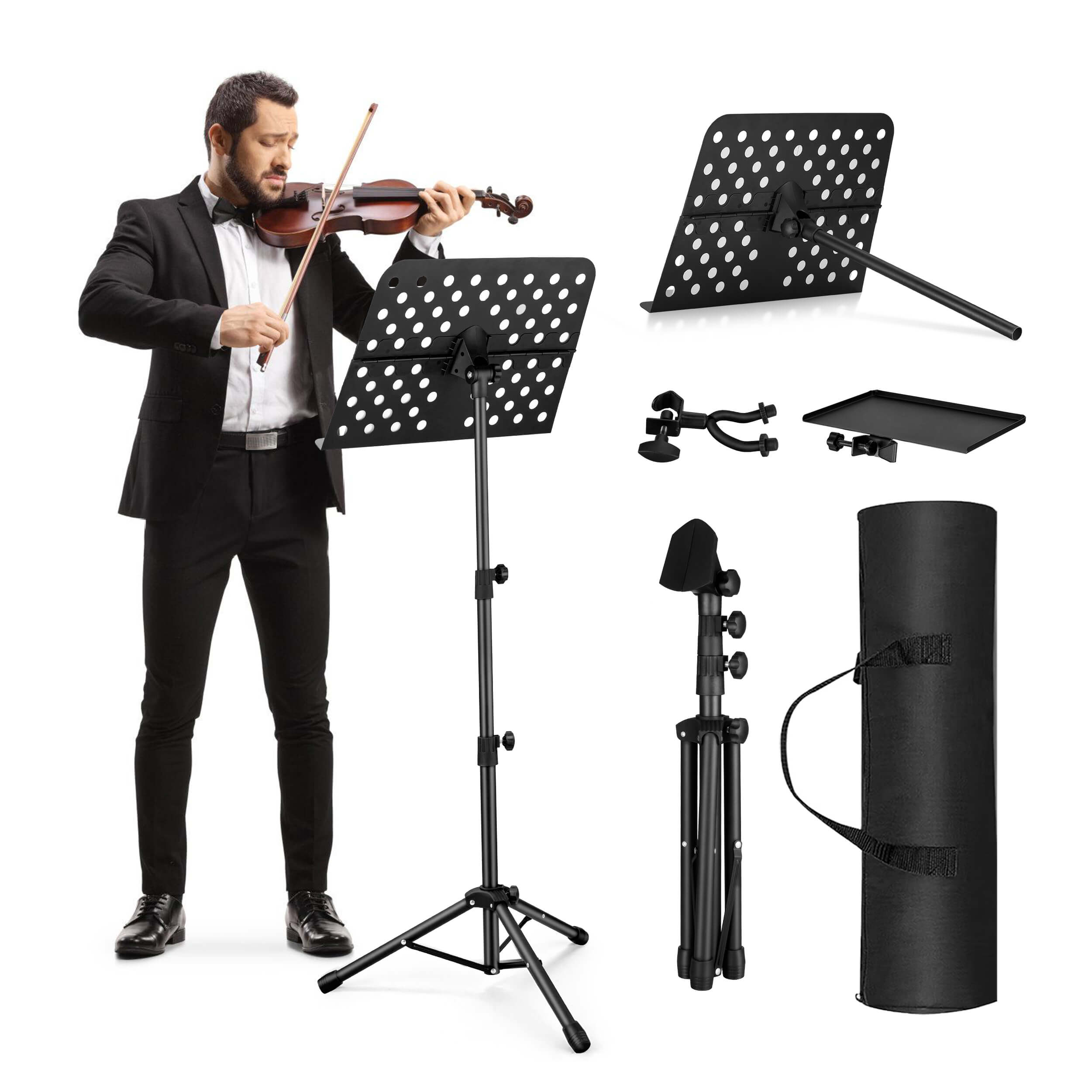 Pupitre Vangoa, pupitre professionnel portable pour partitions avec support pour violon, pupitre pliable pour partitions et instrument de musique avec sac de transport, MD-3