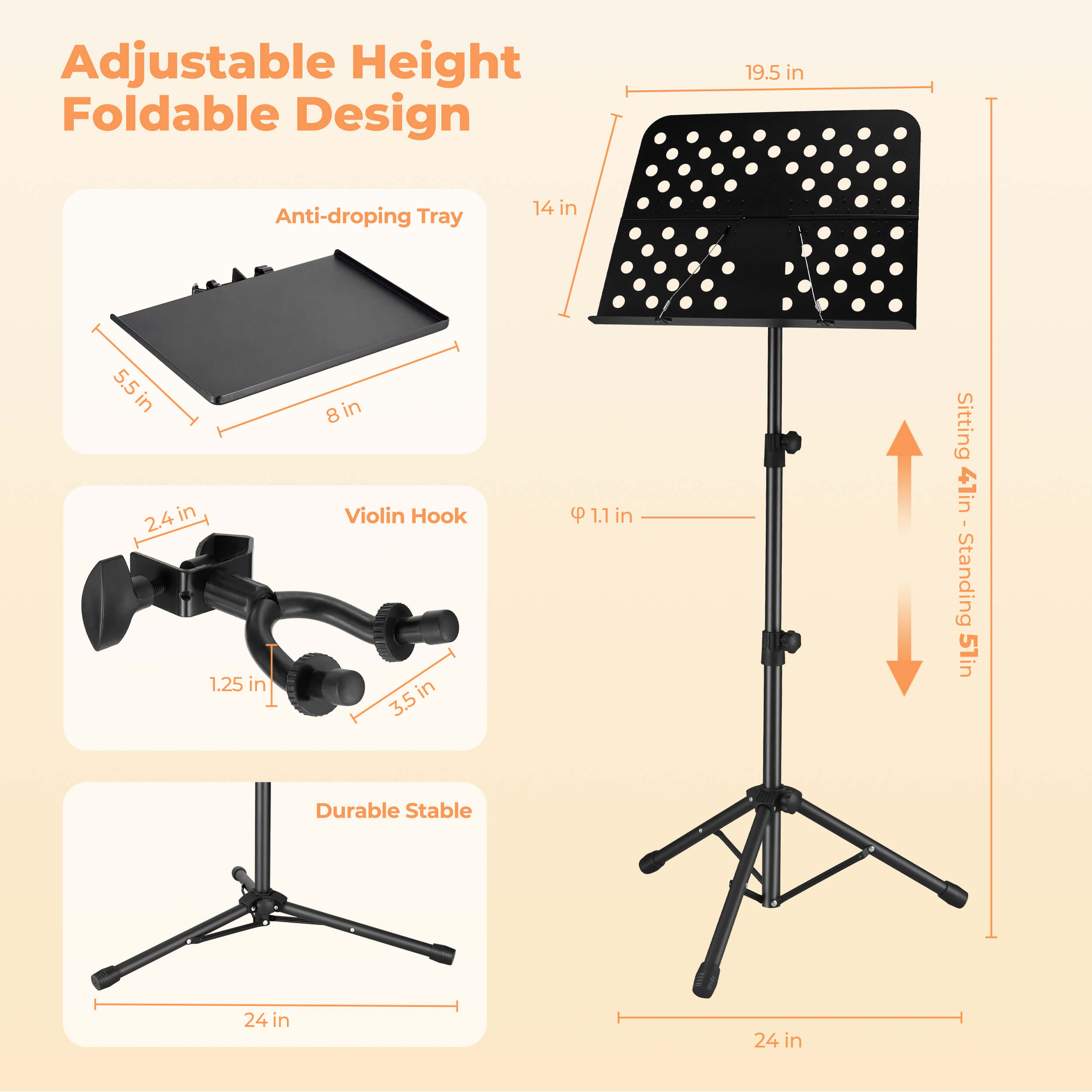 Pupitre Vangoa, pupitre professionnel portable pour partitions avec support pour violon, pupitre pliable pour partitions et instrument de musique avec sac de transport, MD-3