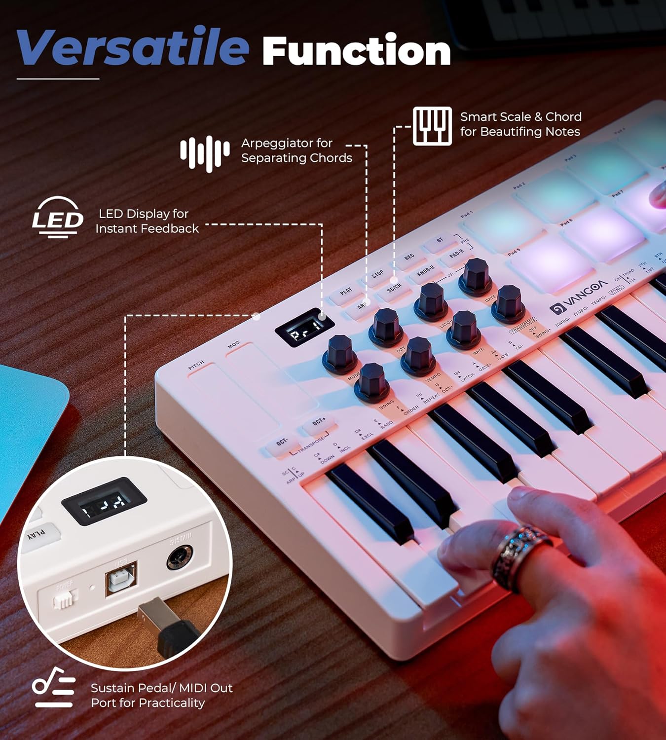 Vangoa Beat Makers for Music Production, 25 Keys Midi Pad Beating Maker Machine, Wireless Velocity Sensitive Mini Controller Keyboard Computer Recording Midi Controllers With Drum Pads for Beginners