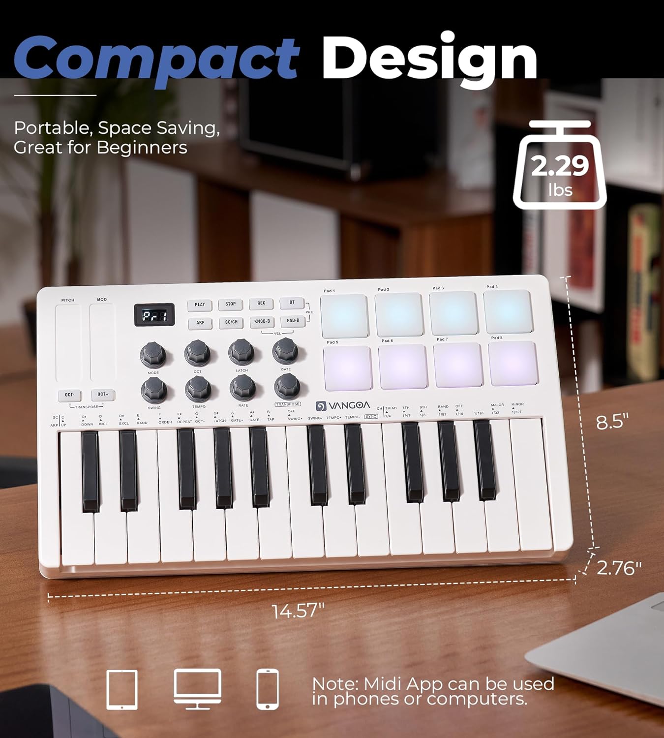 Vangoa Beat Makers for Music Production, 25 Keys Midi Pad Beating Maker Machine, Wireless Velocity Sensitive Mini Controller Keyboard Computer Recording Midi Controllers With Drum Pads for Beginners