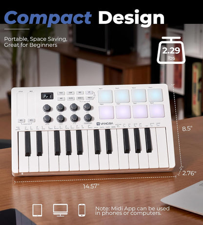 Vangoa Beat Makers for Music Production, 25 Keys Midi Pad Beating Maker Machine, Wireless Velocity Sensitive Mini Controller Keyboard Computer Recording Midi Controllers With Drum Pads for Beginners