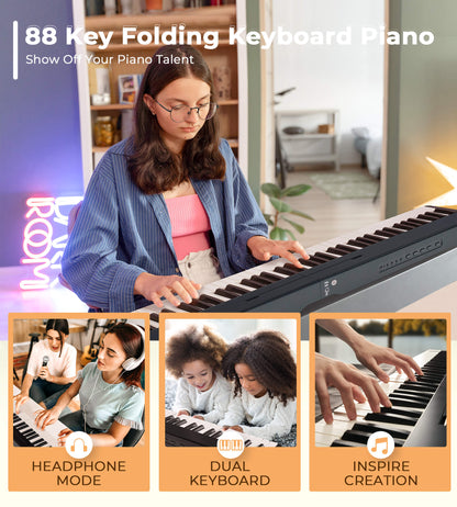 Vangoa VDP800 Piano portable pliable 88 touches avec Bluetooth MIDI, kit de voyage avec casque et sac de transport pour adultes, débutants et enfants