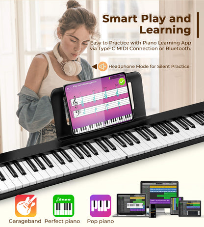 Vangoa VDP800 Piano portable pliable 88 touches avec Bluetooth MIDI, kit de voyage avec casque et sac de transport pour adultes, débutants et enfants