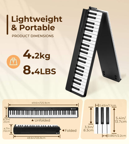 Vangoa VDP800 Piano portable pliable 88 touches avec Bluetooth MIDI, kit de voyage avec casque et sac de transport pour adultes, débutants et enfants
