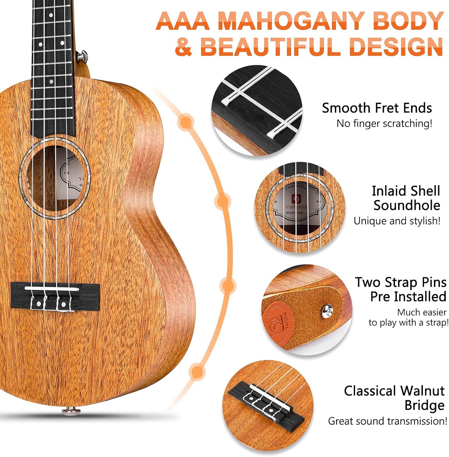 Vangoa 23" Concert Mahogany Ukulele Beginner Kit - Vangoa