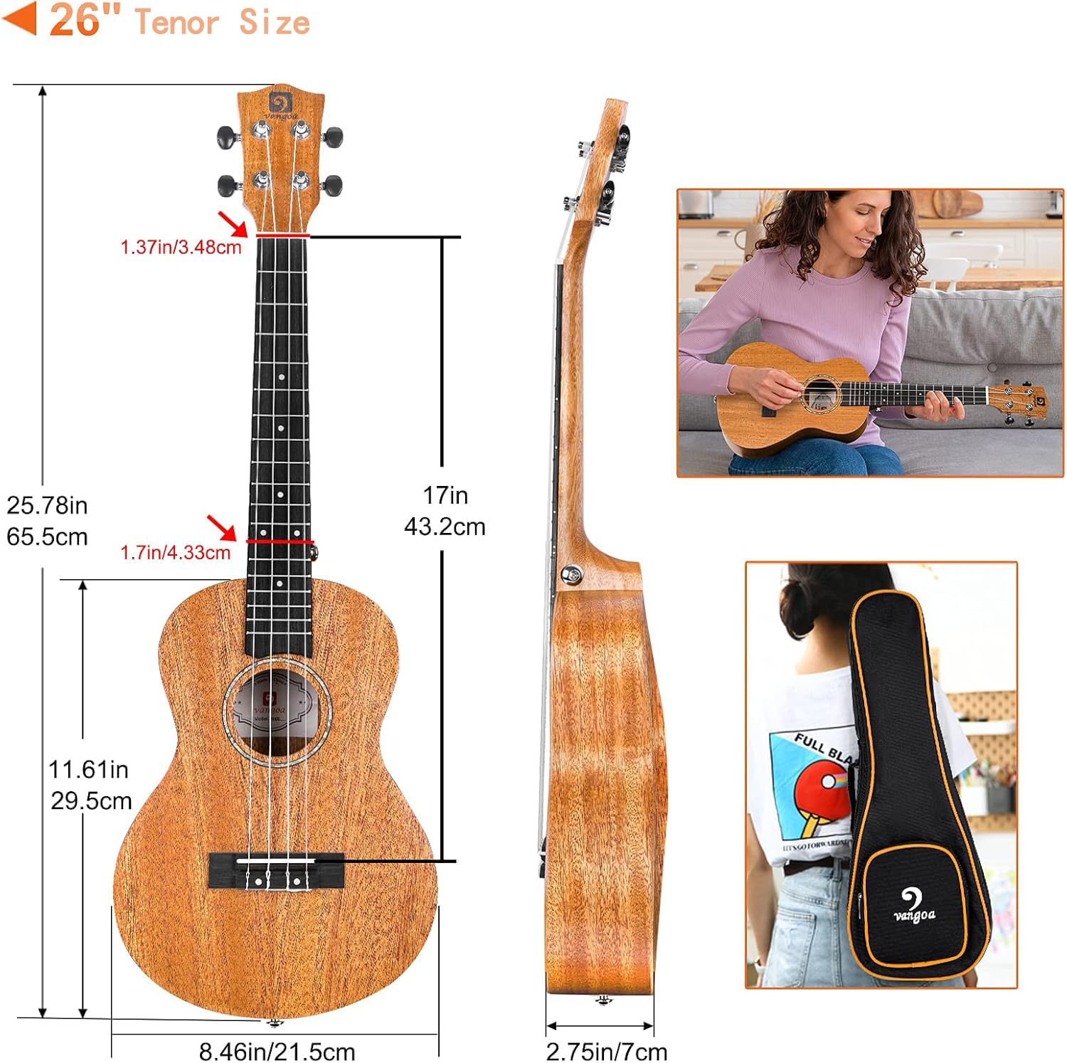 Vangoa 26" Tenor Mahogany Ukulele Starter Bundle - Vangoa