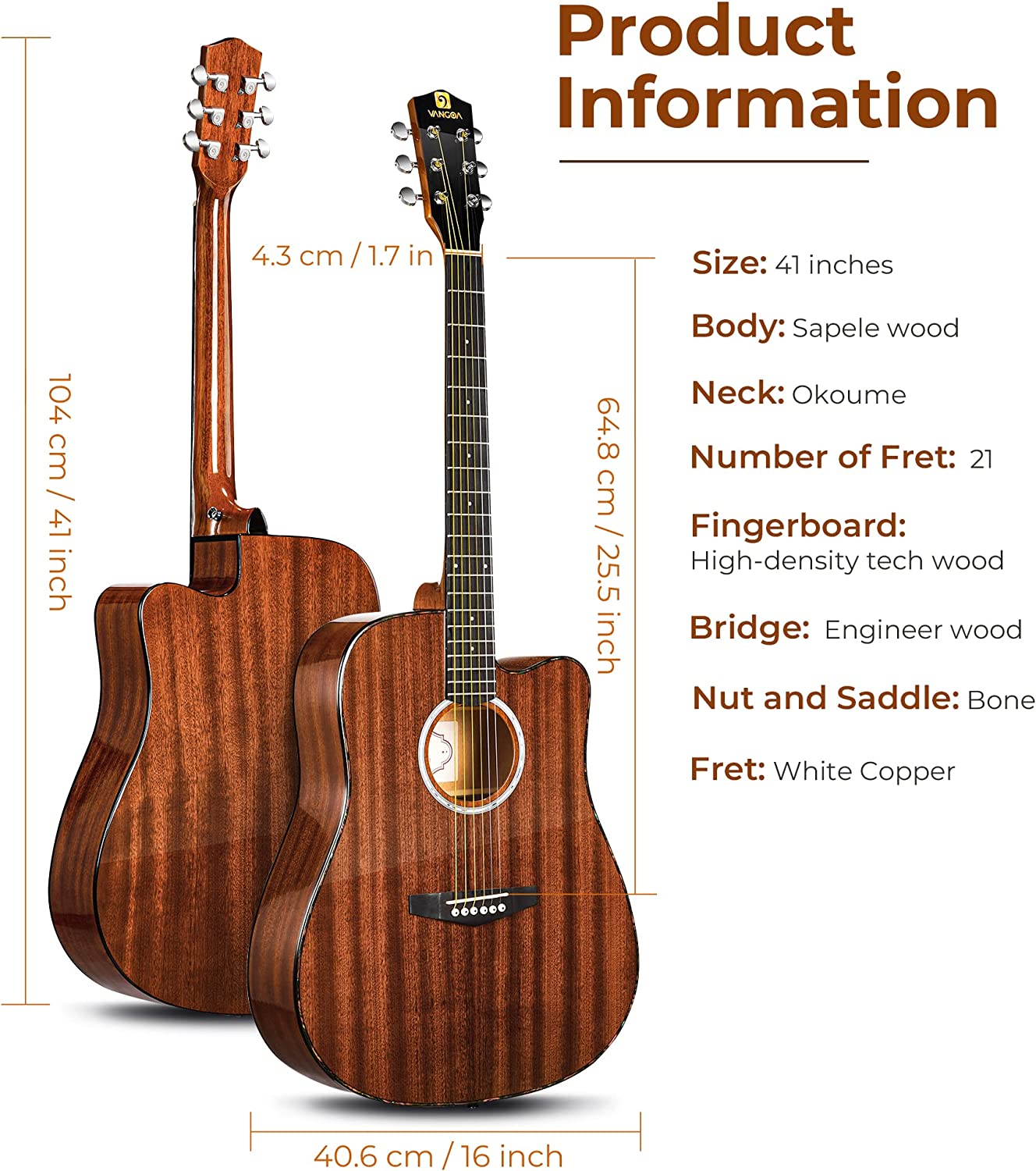 Vangoa 41 Inch Full Size Acoustic Guitar Dreadnought Sapele Wood for Adults Teens Professionals Brown - Vangoa