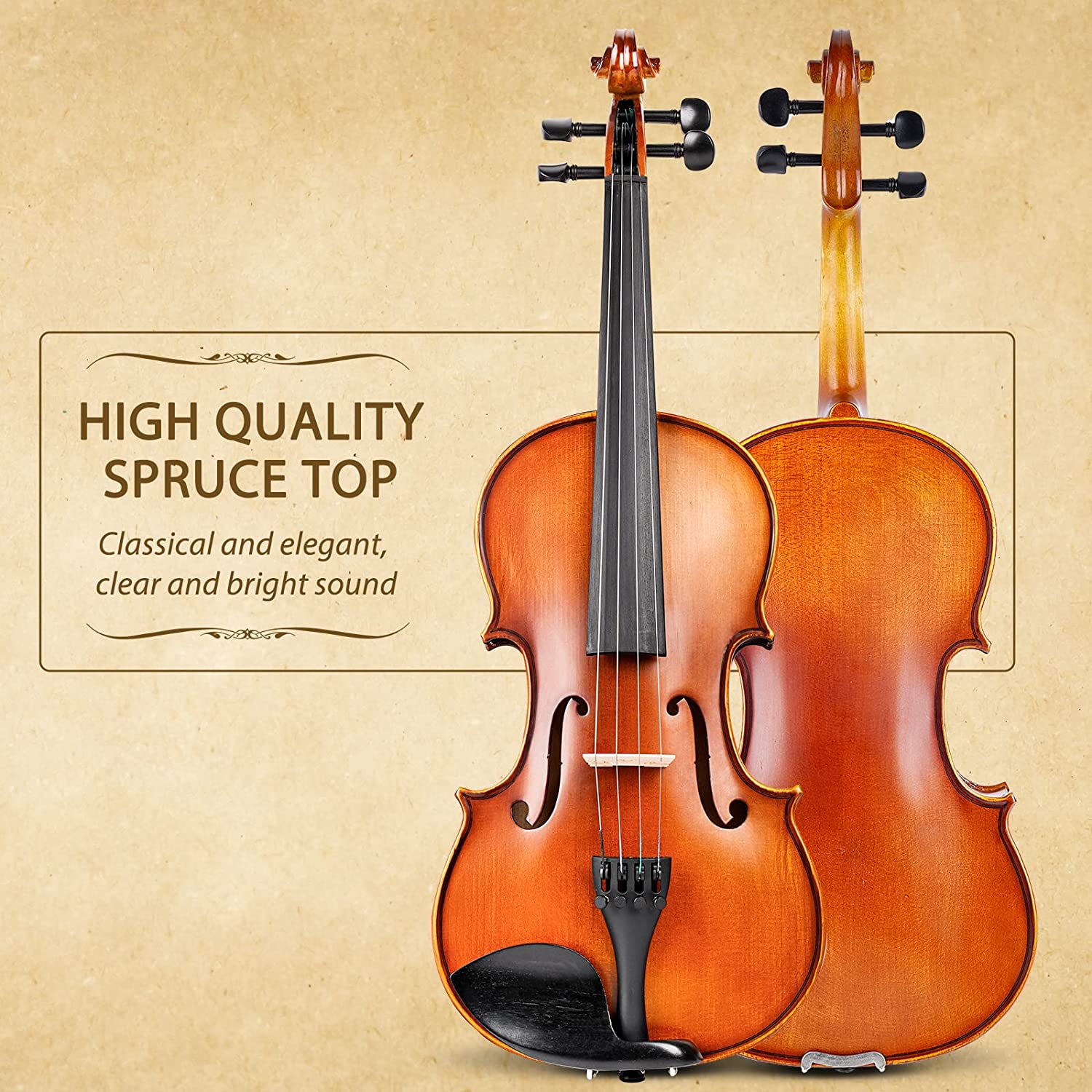 Vangoa 4/4 Full Size Violin Solid Wood Spruce Top Acoustic Violin Fidd