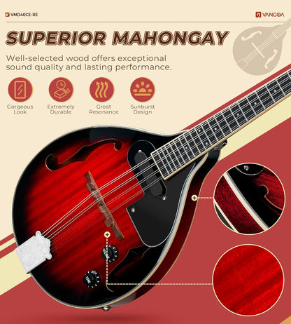 Vangoa Acoustic Electric Mandolin Red - Vangoa