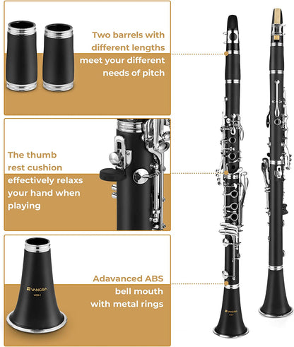 Vangoa B Flat Clarinet Student Bb Clarinet 17 Nickel Keys with 4C Mouthpiece - Vangoa
