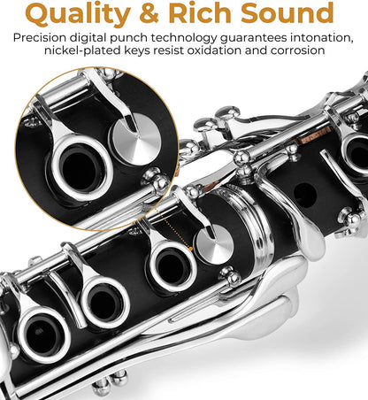Vangoa B Flat Clarinet Student Bb Clarinet 17 Nickel Keys with 4C Mouthpiece - Vangoa