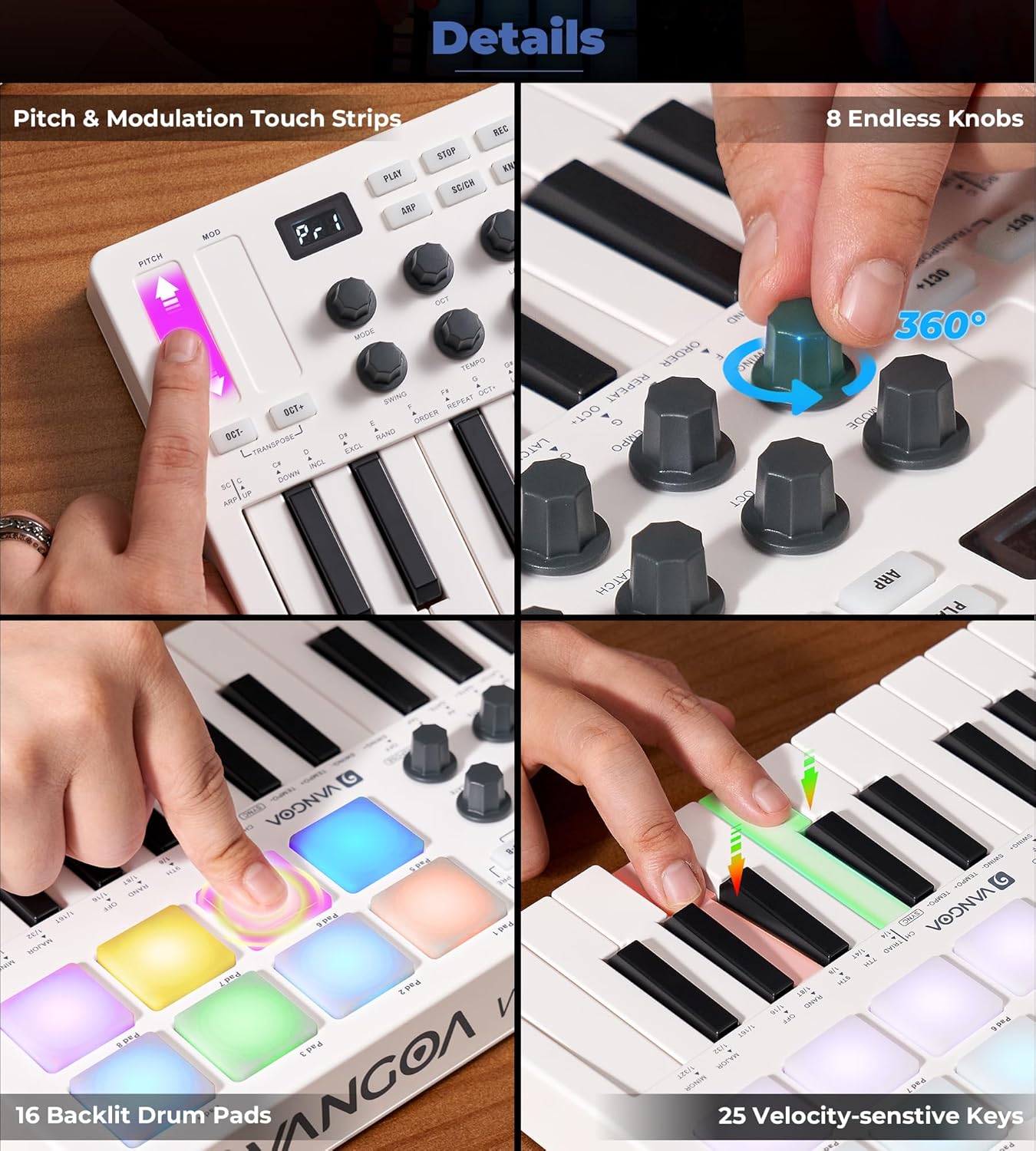 Vangoa Beat Makers for Music Production, 25 Keys Midi Pad Beating Maker Machine, Wireless Velocity Sensitive Mini Controller Keyboard Computer Recording Midi Controllers With Drum Pads for Beginners - Vangoa