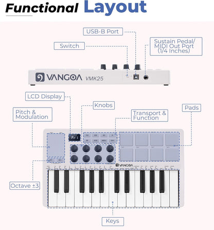 Vangoa Beat Makers for Music Production, 25 Keys Midi Pad Beating Maker Machine, Wireless Velocity Sensitive Mini Controller Keyboard Computer Recording Midi Controllers With Drum Pads for Beginners - Vangoa
