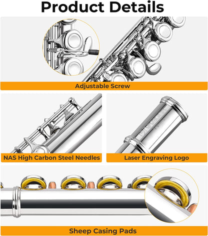 Vangoa C Flute Closed Hole 16 Keys Silver - Vangoa