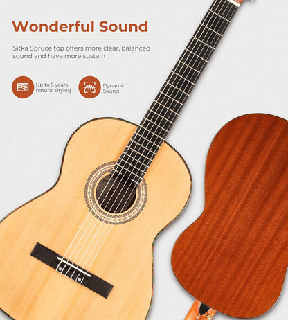 Vangoa Classical Guitar, 39" Nylon String Classical Guitar, Full Size Beginner Spanish Guitar Set, Spruce Top and Sapele Back - Vangoa