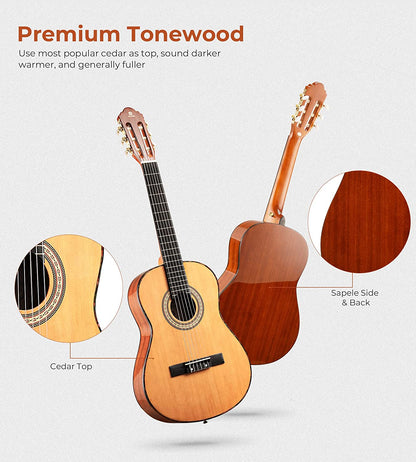 Vangoa Classical Guitar Full Size 4/4 Spanish Style Classical Guitarra, 39 Inch Nylon Strings Guitar Ideal for Beginner Adults, Solid Cedar Top - Vangoa