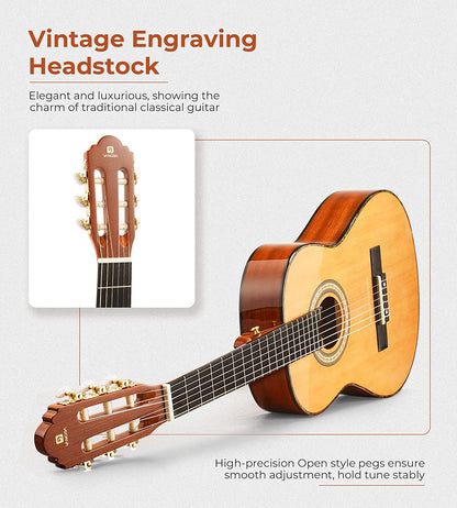 Vangoa Classical Guitar Full Size 4/4 Spanish Style Classical Guitarra, 39 Inch Nylon Strings Guitar Ideal for Beginner Adults, Solid Cedar Top - Vangoa