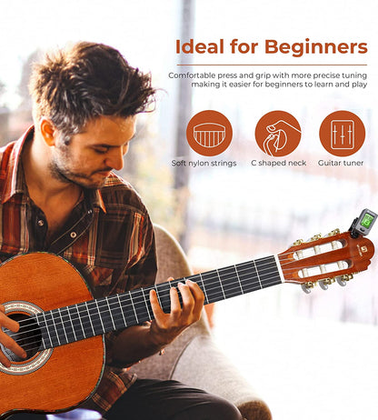 Vangoa VC - 2 Classical Guitar 4/4, 39 Inch Full Size Nylon String Guitar for Beginner Adults Sapele Brown - Vangoa