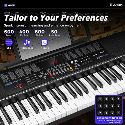 Vangoa VGK6101 Black Keyboard Piano 61 Keys with 3 Teaching Modes, Learning Luminous Music Keyboard Piano with Stand Microphone for Beginner Students - Vangoa