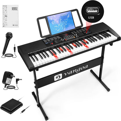 Vangoa VGK6101 Black Keyboard Piano 61 Keys with 3 Teaching Modes, Learning Luminous Music Keyboard Piano with Stand Microphone for Beginner Students - Vangoa