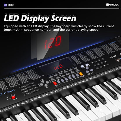 Vangoa VGK6101 Black Keyboard Piano 61 Keys with 3 Teaching Modes, Learning Luminous Music Keyboard Piano with Stand Microphone for Beginner Students - Vangoa