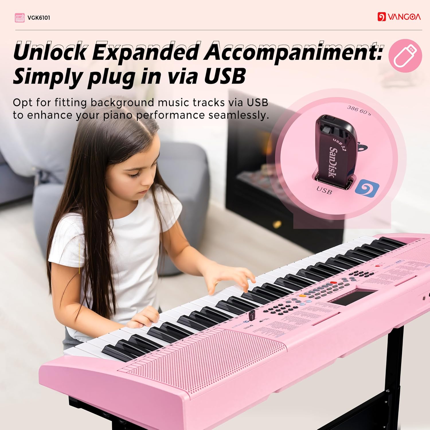 Vangoa VGK6101 Pink Piano Keyboard 61 Keys Electronic Keyboard Kit Portable Music Keyboard for Kids Students - Vangoa