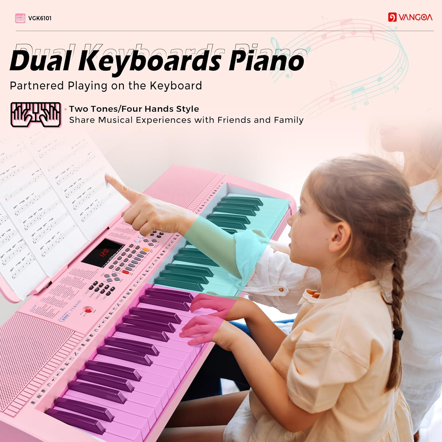 Vangoa VGK6101 Pink Piano Keyboard 61 Keys Electronic Keyboard Kit Portable Music Keyboard for Kids Students - Vangoa