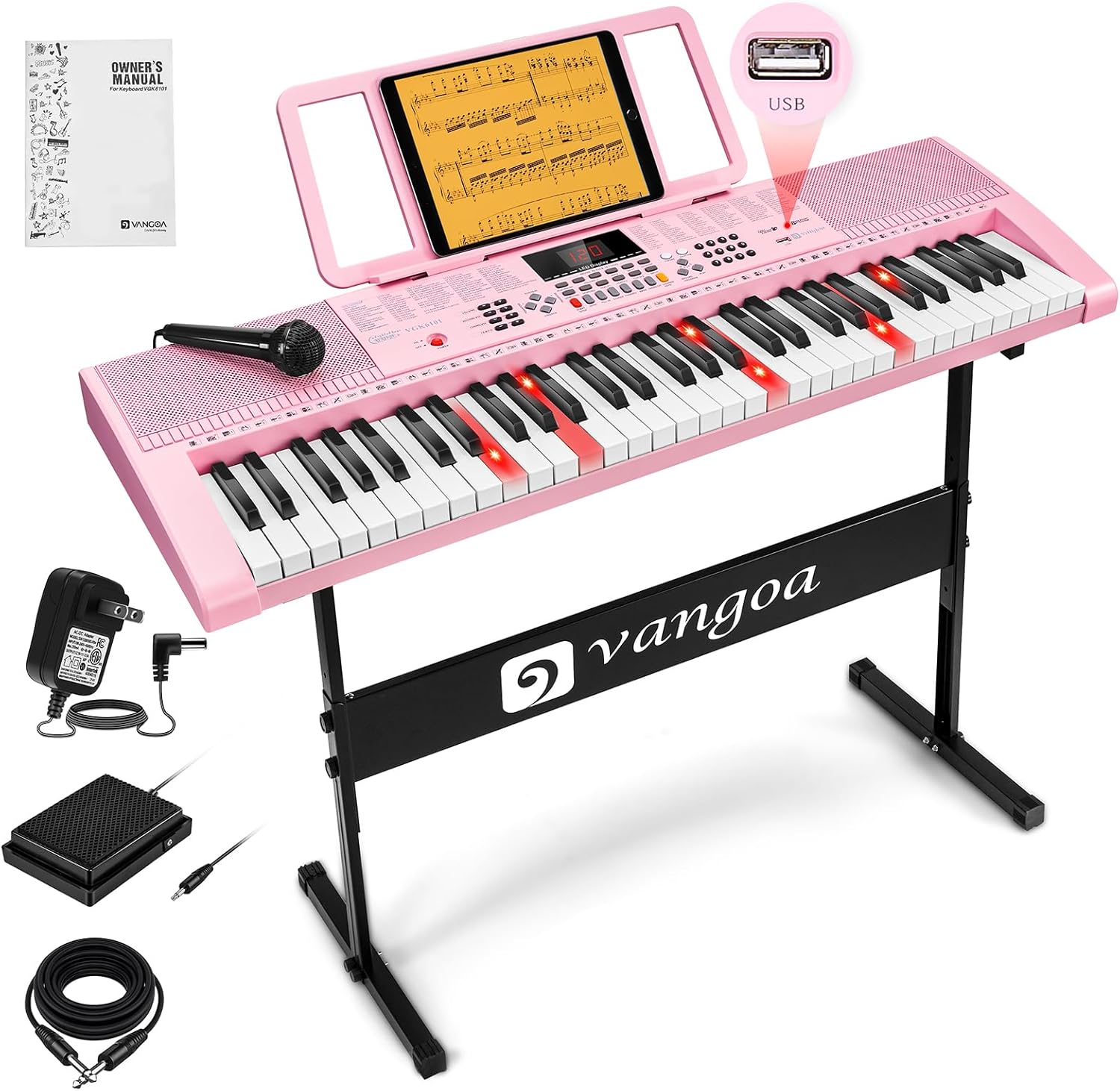 Vangoa VGK6101 Pink Piano Keyboard 61 Keys Electronic Keyboard Kit Portable Music Keyboard for Kids Students - Vangoa