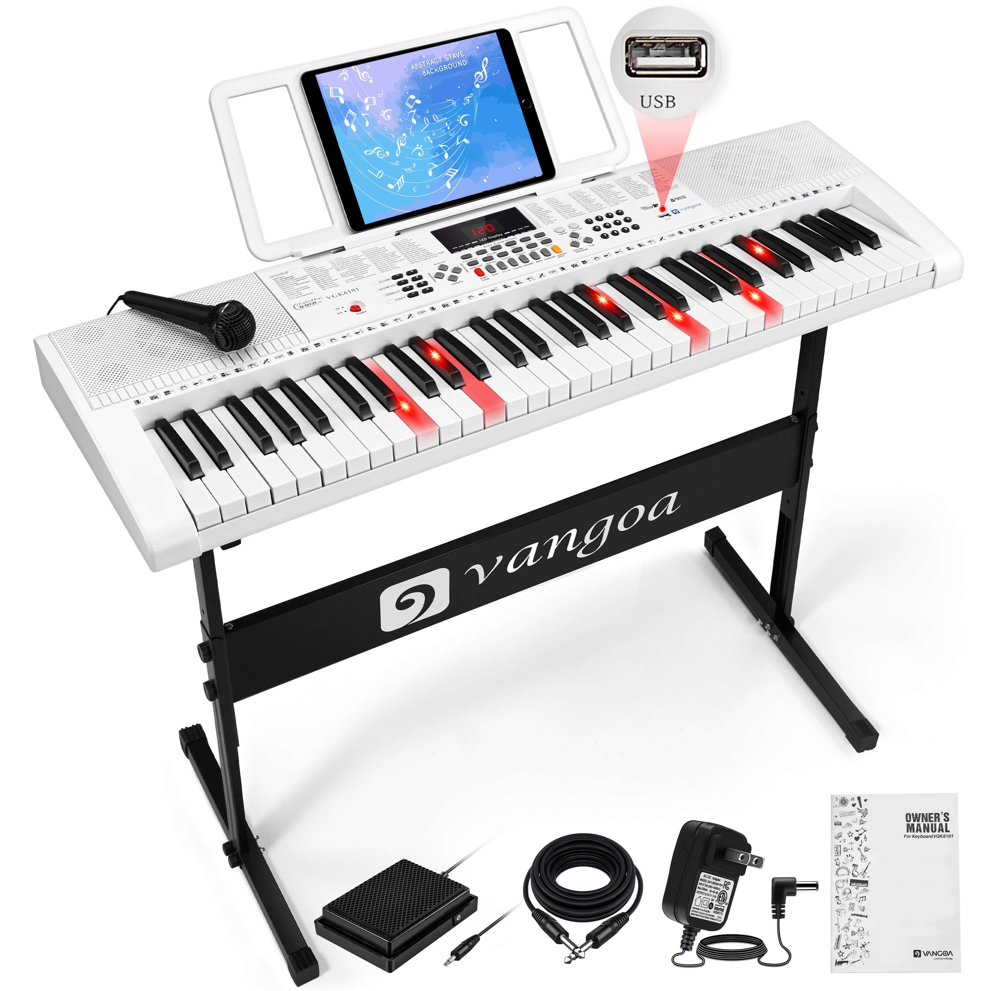 Vangoa VGK6101 White Keyboard Piano with 61 Lighted Keys 3 Teaching Modes - Vangoa