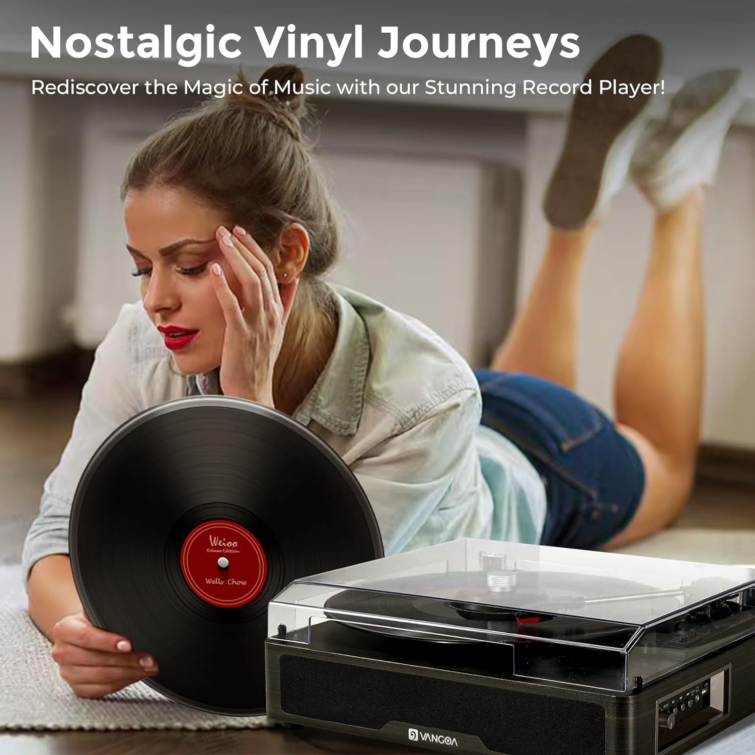 Vangoa Vinyl Record Player Turntable Bluetooth with 2 Stereo Speakers, 3 - Speed Belt - Driven Turntables for Vinyl Records Supports AUX - in, RCA Line, USB, Wireless Playback, Black - Vangoa