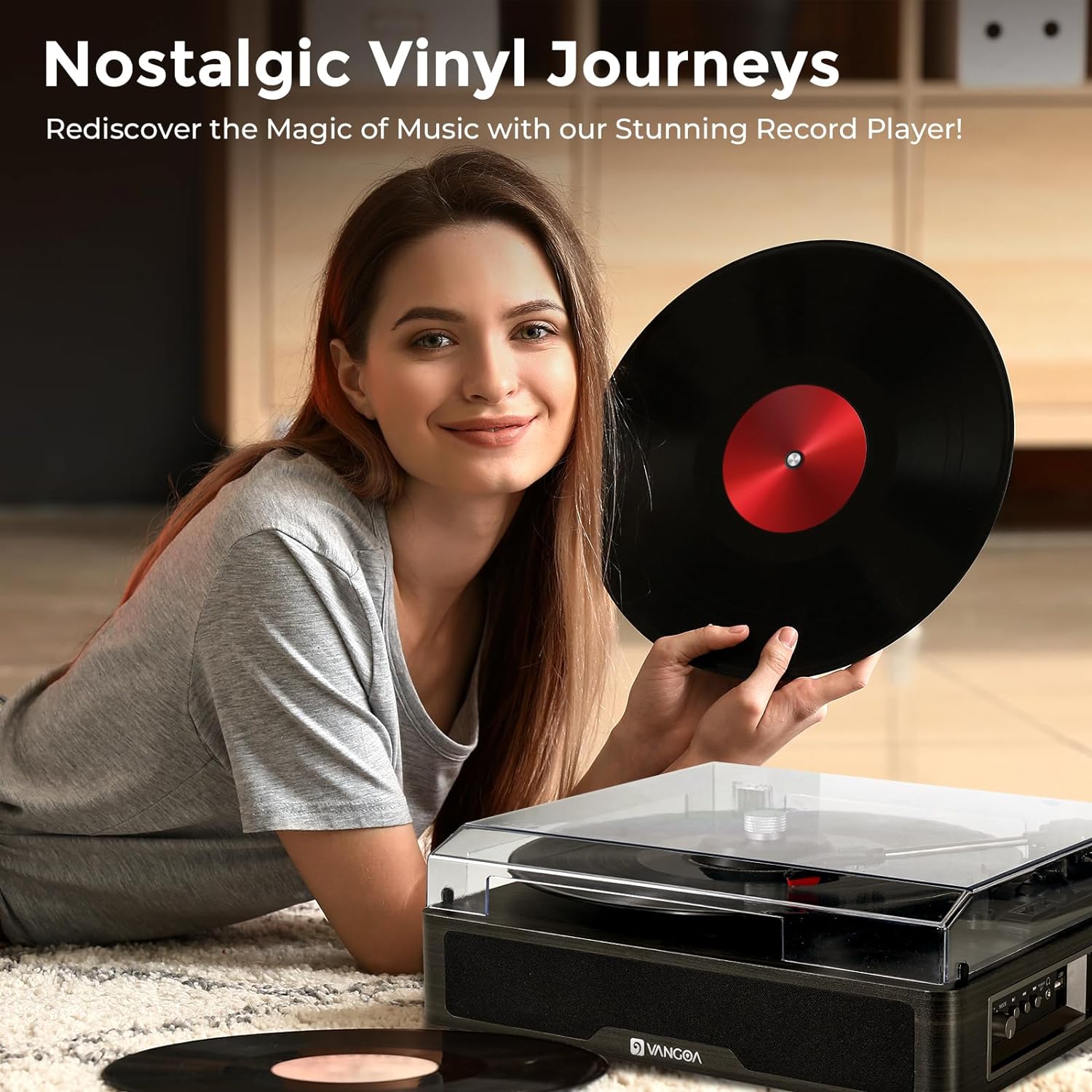 Vangoa Vinyl Record Player Turntable Bluetooth with 2 Stereo Speakers, 3 - Speed Belt - Driven Turntables for Vinyl Records Supports AUX - in, RCA Line, USB, Wireless Playback, Black - Vangoa