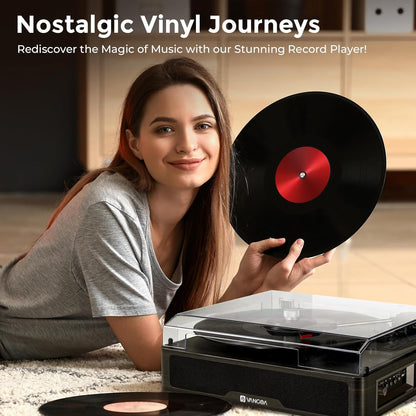Vangoa Vinyl Record Player Turntable Bluetooth with 2 Stereo Speakers, 3 - Speed Belt - Driven Turntables for Vinyl Records Supports AUX - in, RCA Line, USB, Wireless Playback, Black - Vangoa