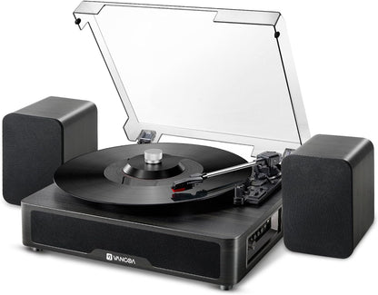 Vangoa Vinyl Record Player Turntable Bluetooth with 2 Stereo Speakers, 3 - Speed Belt - Driven Turntables for Vinyl Records Supports AUX - in, RCA Line, USB, Wireless Playback, Black - Vangoa