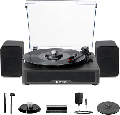 Vangoa Vinyl Record Player Turntable Bluetooth with 2 Stereo Speakers, 3 - Speed Belt - Driven Turntables for Vinyl Records Supports AUX - in, RCA Line, USB, Wireless Playback, Black - Vangoa