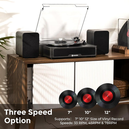 Vangoa Vinyl Record Player Turntable Bluetooth with 2 Stereo Speakers, 3 - Speed Belt - Driven Turntables for Vinyl Records Supports AUX - in, RCA Line, USB, Wireless Playback, Black - Vangoa